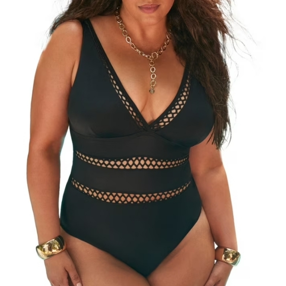 Swimsuits For All Tummy Control V Neck Lattice Plunge 1 Piece Swimsuit Black 14